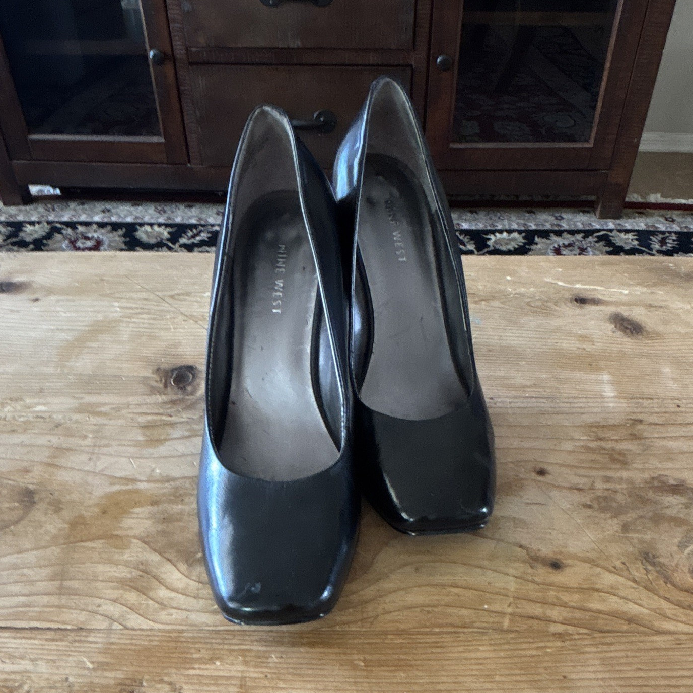 Nine West Women’s Black Leather Square Toe Stiletto Pumps Slip On Size 8 M