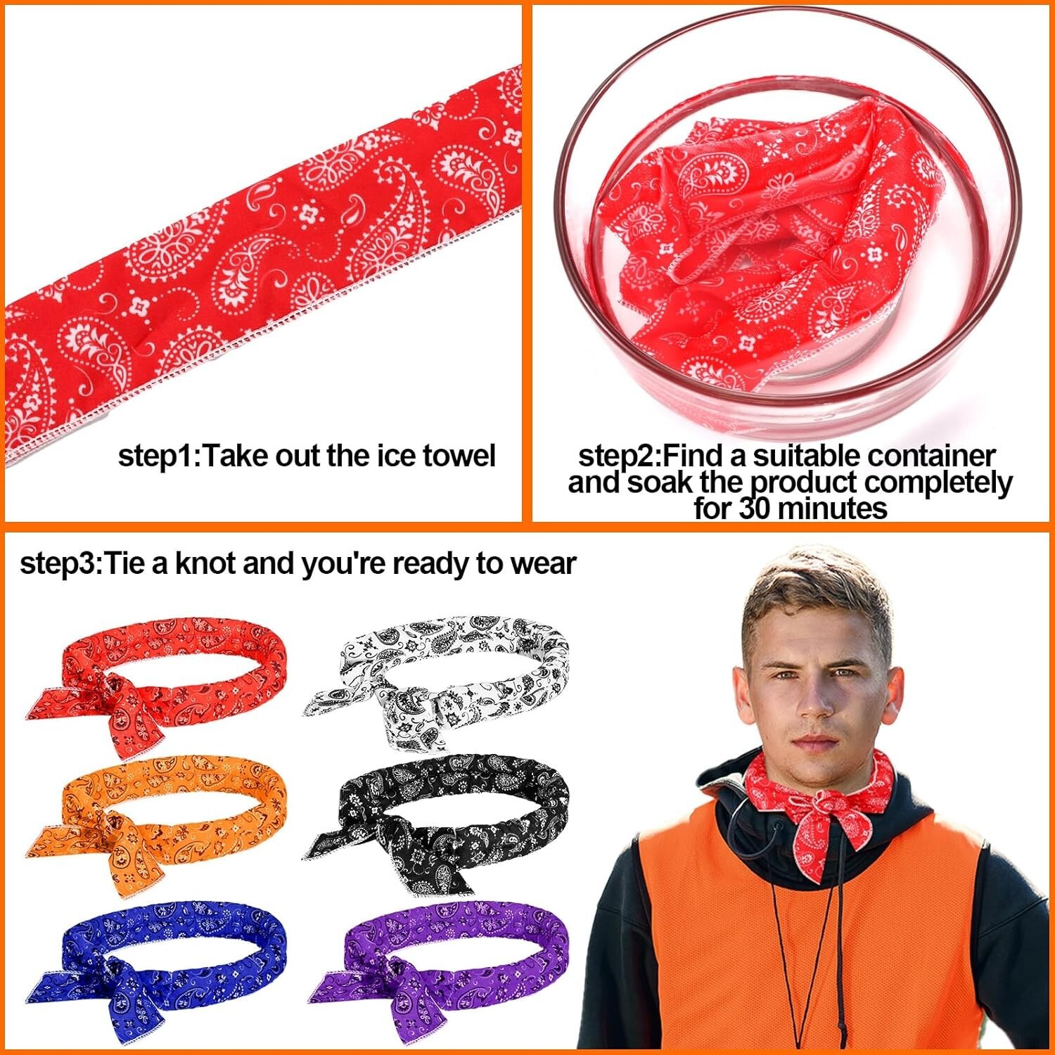 6 Pack Cooling Neck Wraps, Ice Scarf Bandanas for Summer, Outdoor Men & Women