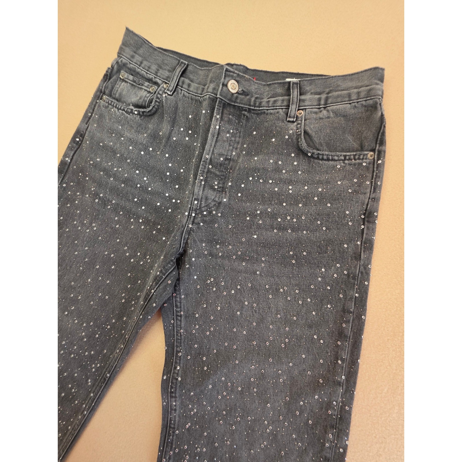 Zara TRF High-Rise Rhinestone Mom Jeans Black Sz 6 Button-Fly