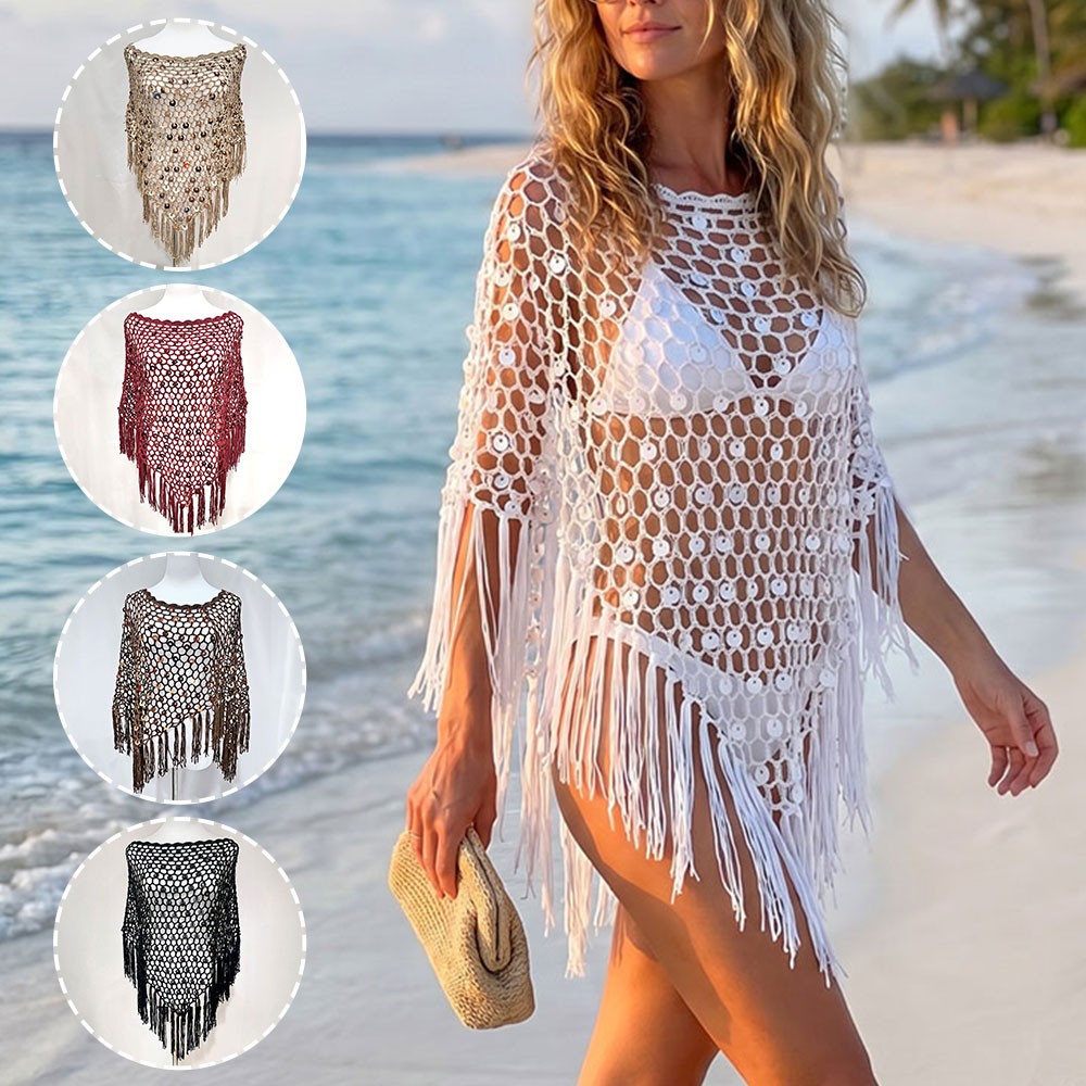 Boho Crochet Sequin Triangle Scarf Shawl Wrap Handmade Tassels for Women