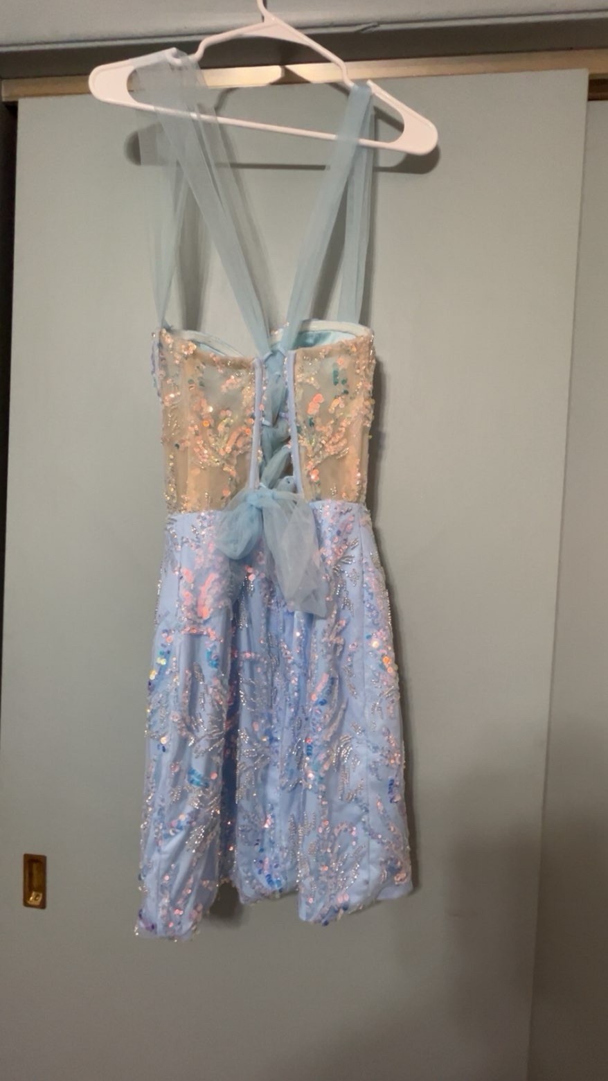 PROM, Light Blue Sequin Sweetheart Lace-Up Mini Dress, Sleeveless Strappy, S
