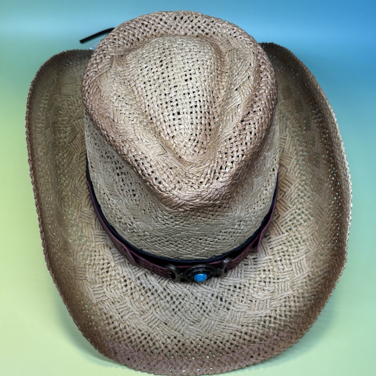 Cowboy Hat Tea-Stained Straw Western, Shapable Brim, 22in/56cm circ, blue