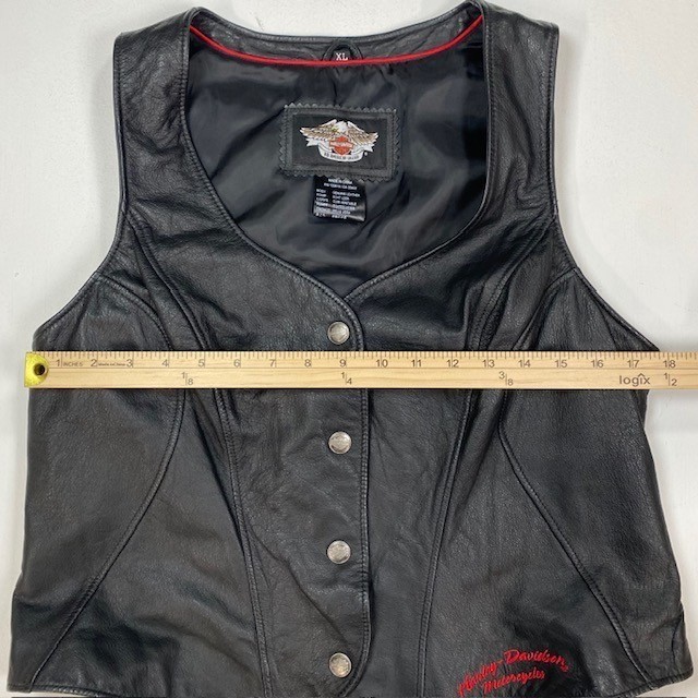 Harley Davidson Womens XL Black Leather Vest Eagle Heart Graphic Snap Front Moto