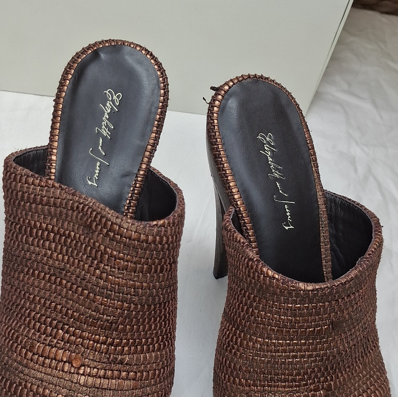 Elizabeth and James Bronze Leather Woven Platform Mule Open Toe Stiletto 7.5