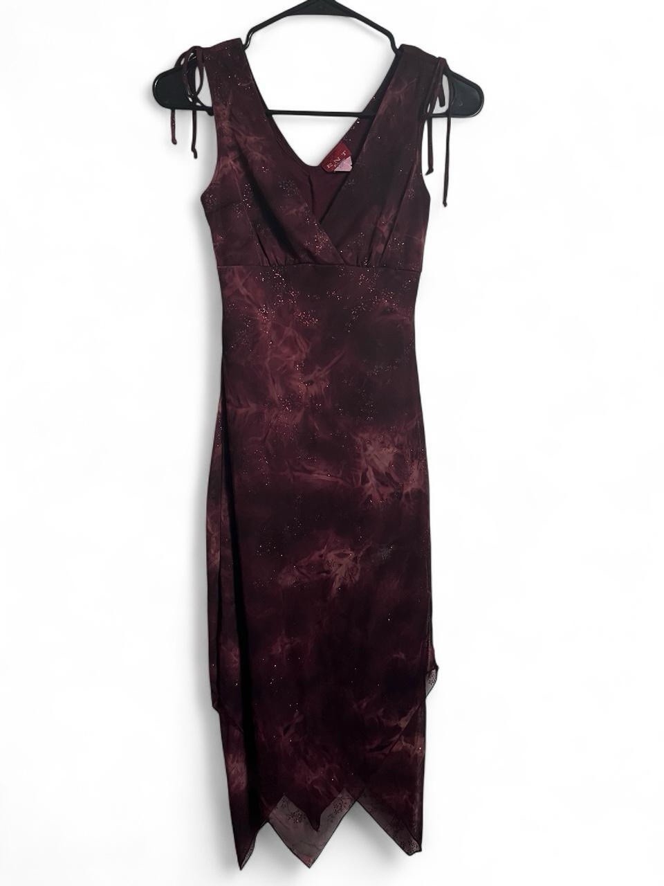 Y2K Fairycore Burgundy Maxi Dress with Tie Dye and Glitter Size S