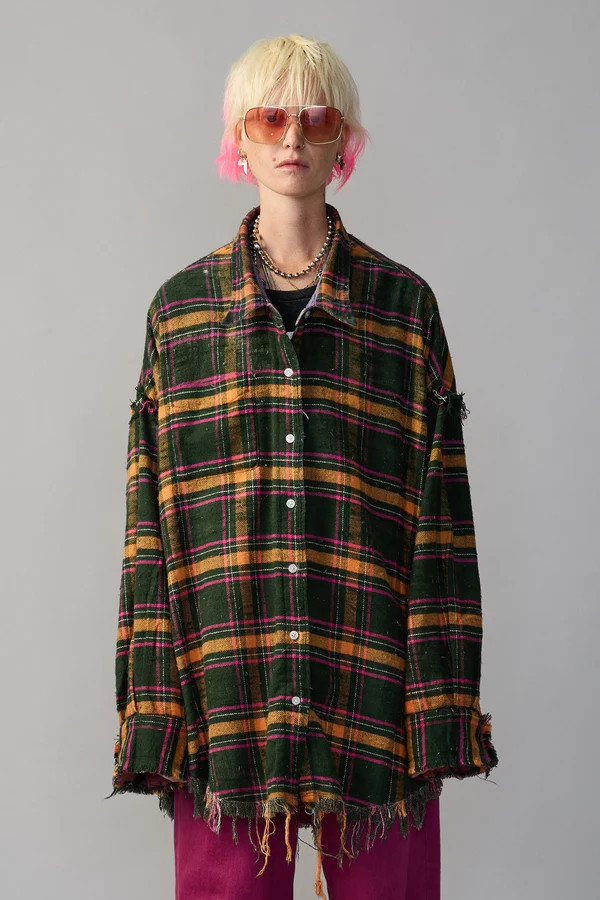 R13 26SS Reversible Shredded Seam Drop Neck Shirt purple multi/green Size S