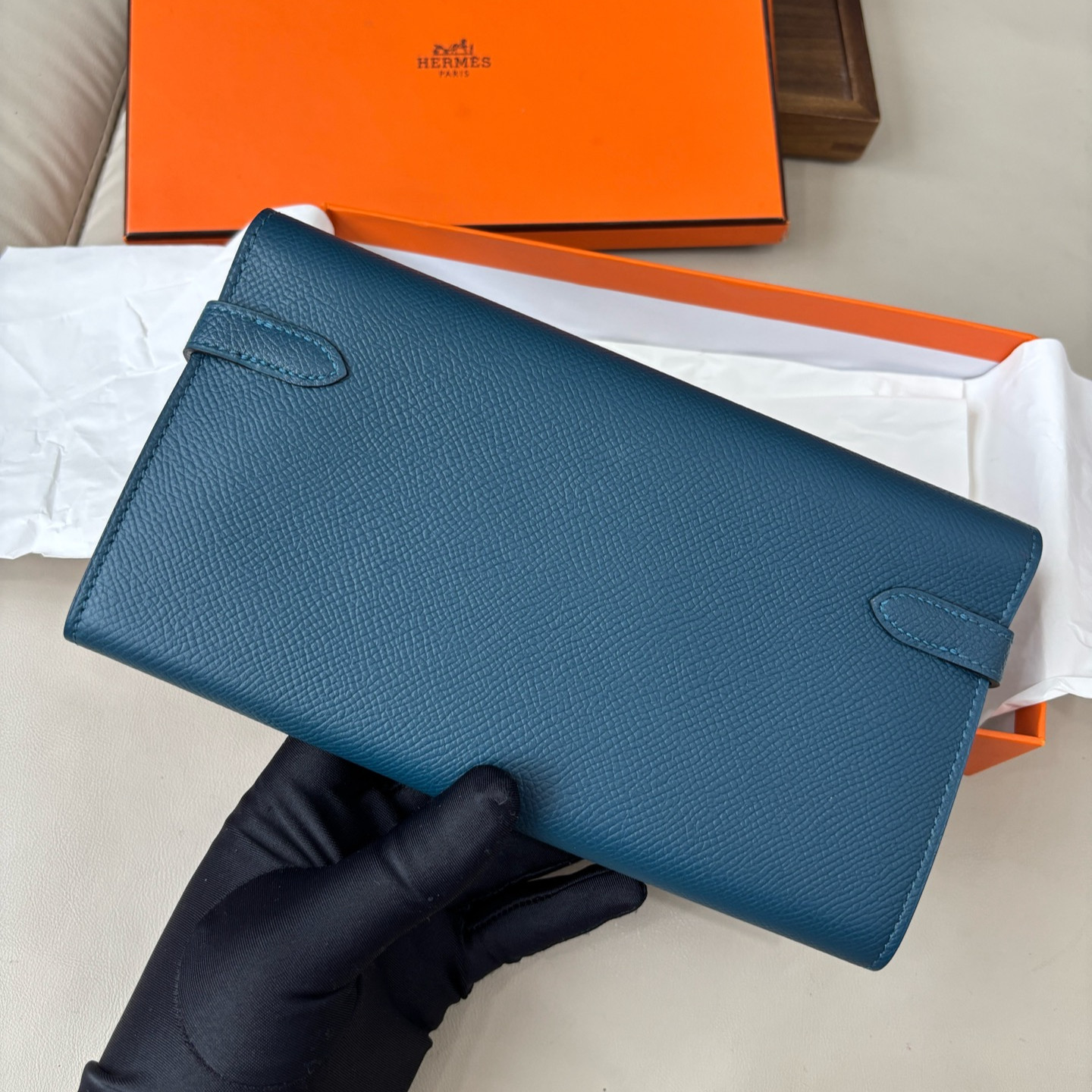 Excellent Hermes Kelly Epsom Leather Blue Long Wallet Clutch Silver Hardware