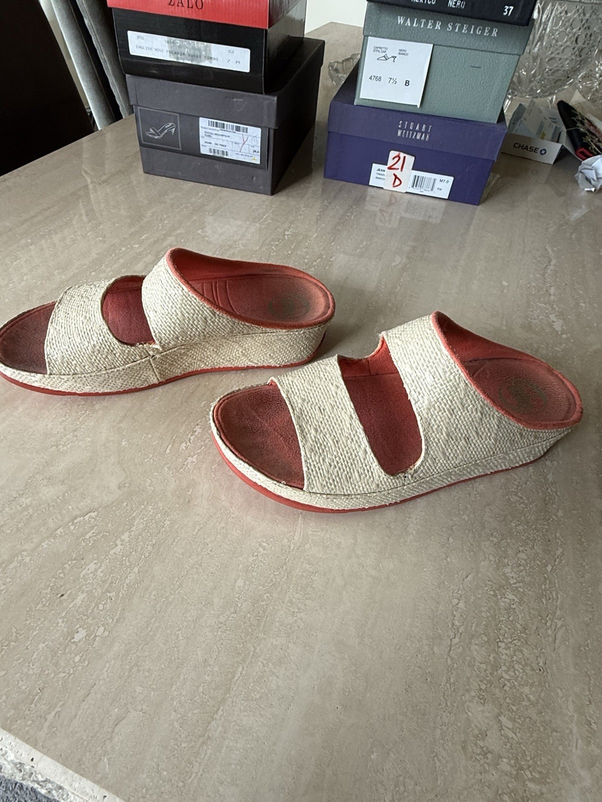 FitFlop Beige/Red Raffia Wedge Slide Sandals Women’s US 7 EU 38 Solid Slip On