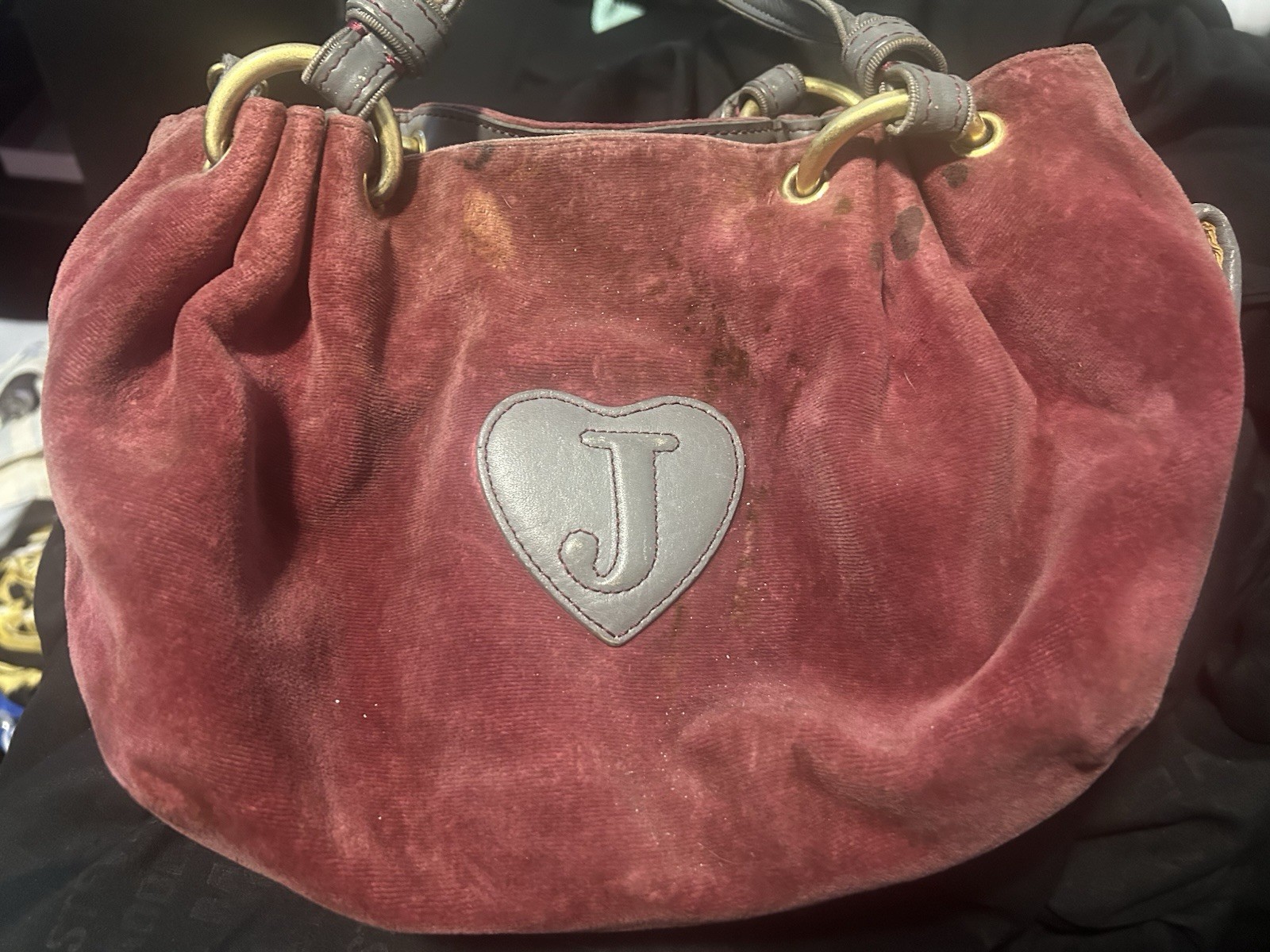 Juicy Couture Burgundy Medium Satchel Top Handle Logo Crest Heart Patch Pockets
