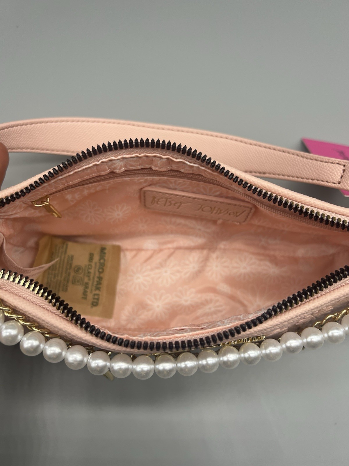 Betsey Johnson Pink Embossed Shoulder Bag Zip Pearl Chain Detach Strap NEW