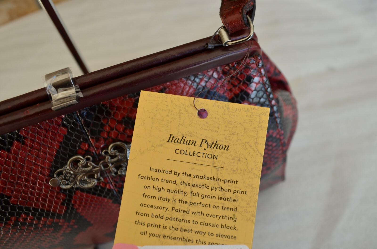 NWT $199 Patricia Nash Berry Red Leather Italian Python Bonifati Framed Satchel