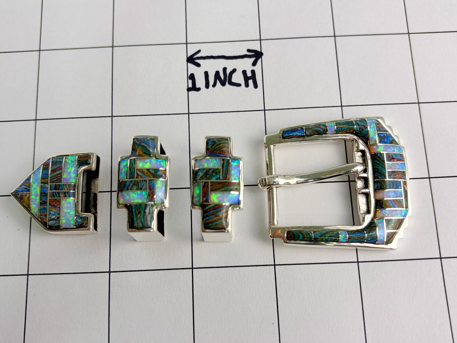 Sterling Silver Ranger Rainbow Calsilica Opal Stones Inlay Belt Buckle 40 Lizard