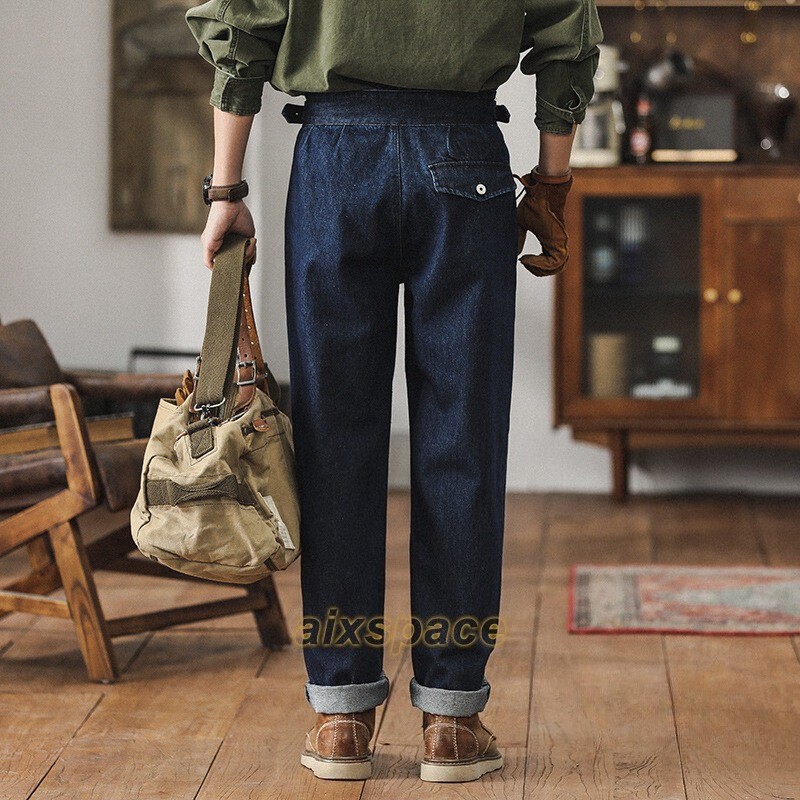 Men’s Gurkha Denim Jeans Pants Vintage Casual Trousers High Waist British Style
