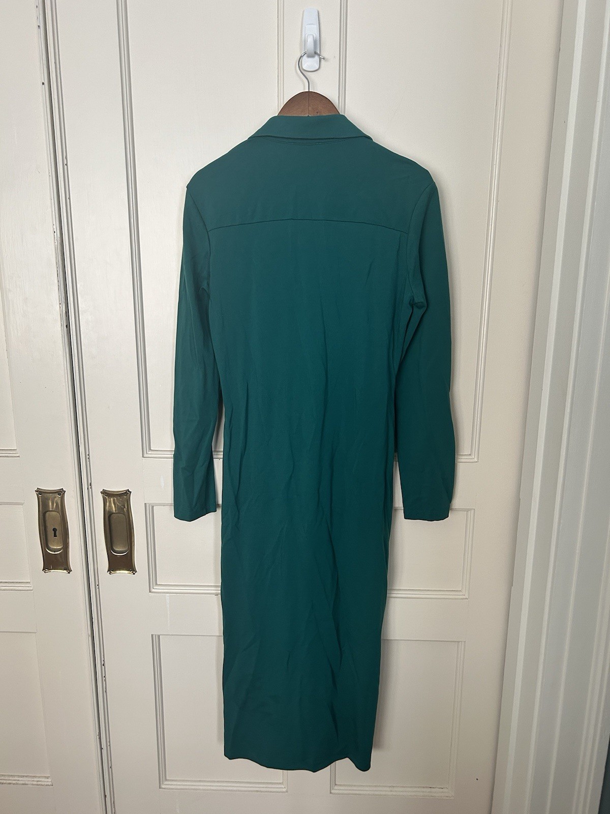 COS Ruched Button Front Collared Midi Sheath Dress Womens Size Large Green Class