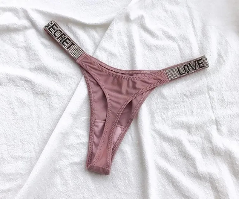 Low Waist Sexy Women Thongs Panties Rhinestones Letter Diamonds G String Sports