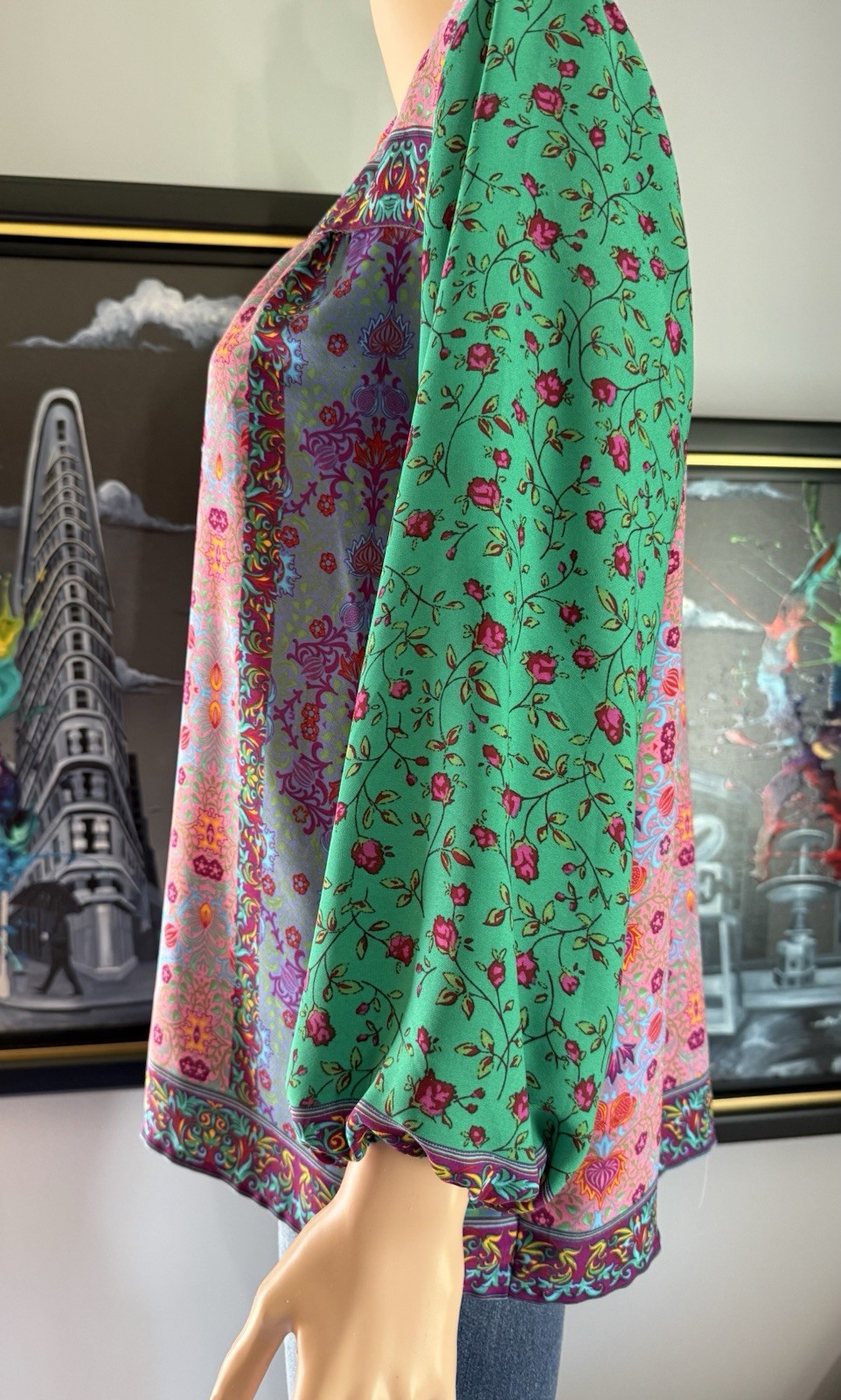 Dalia Women’s Pink Green Floral Mixed Print Peasant Blouse – Sz See Measurements