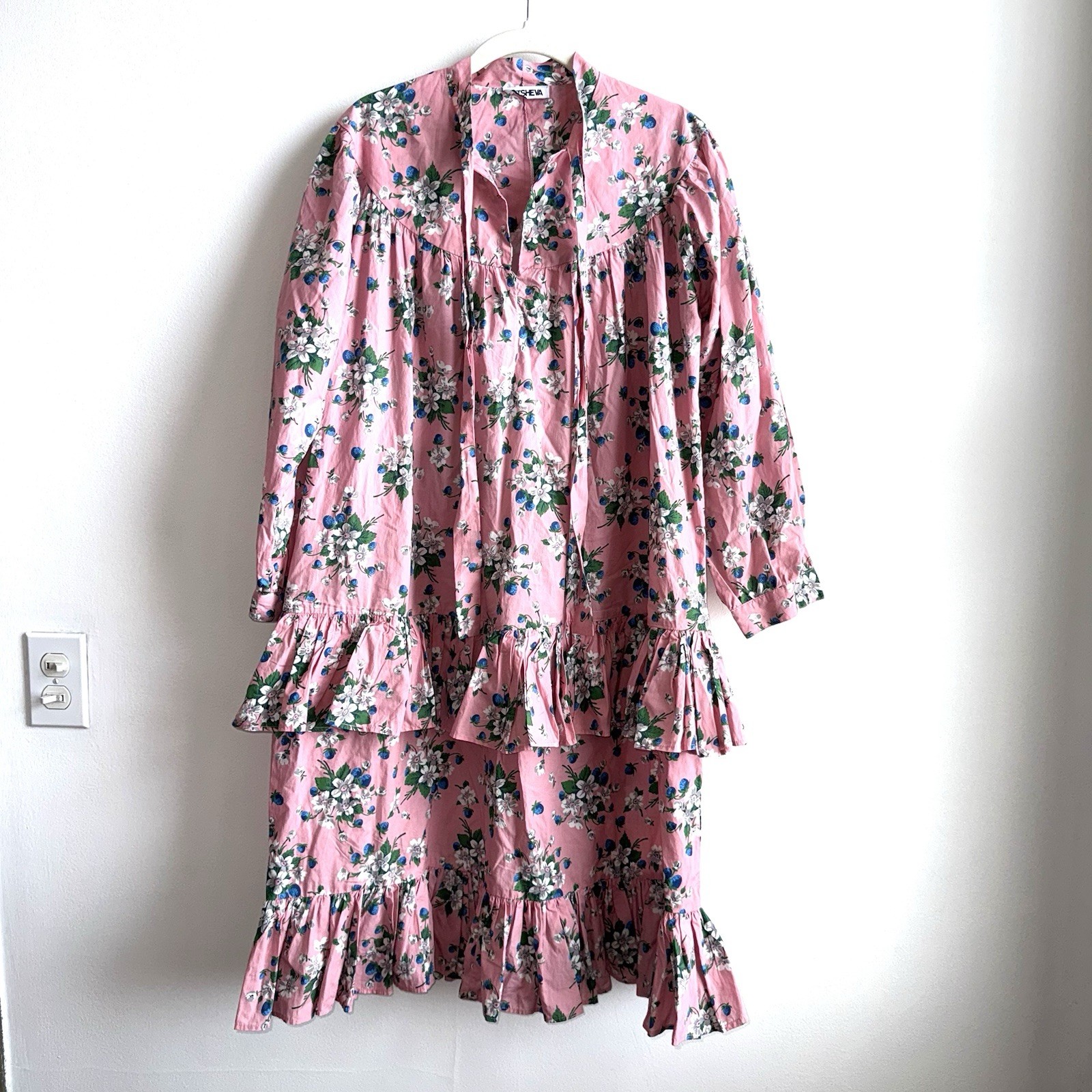 Batsheva Fifi Tie Neck Ruffled Floral Cotton Dress Size 10 Pink