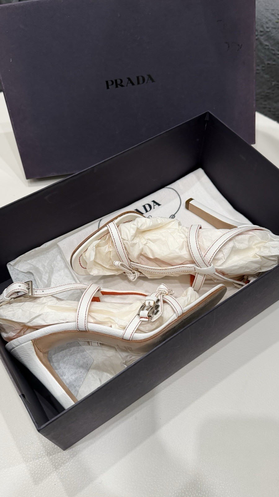 Prada Vintage White Leather Strappy Heeled Sandals Womens Size 37.5