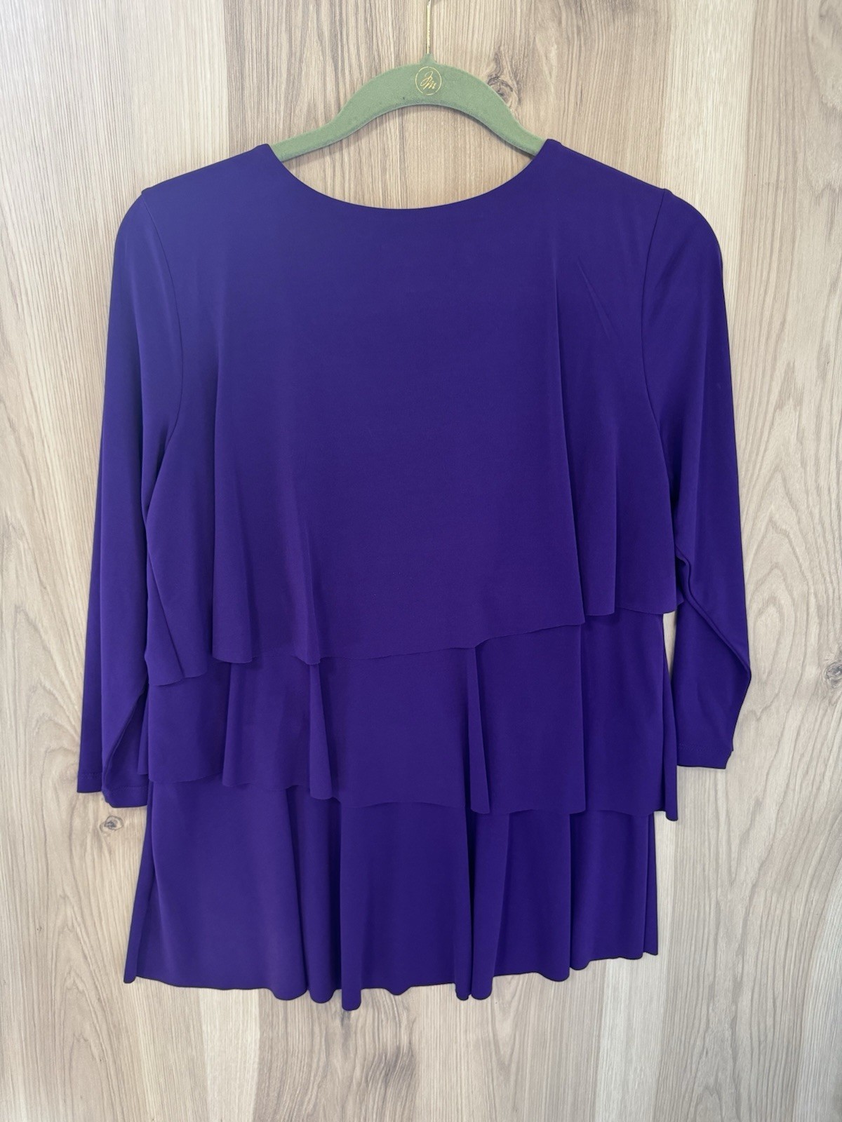 Susan Graver Purple Knit Stretch Ruffle Scoop Neck 3/4 Sleeve Pullover XS