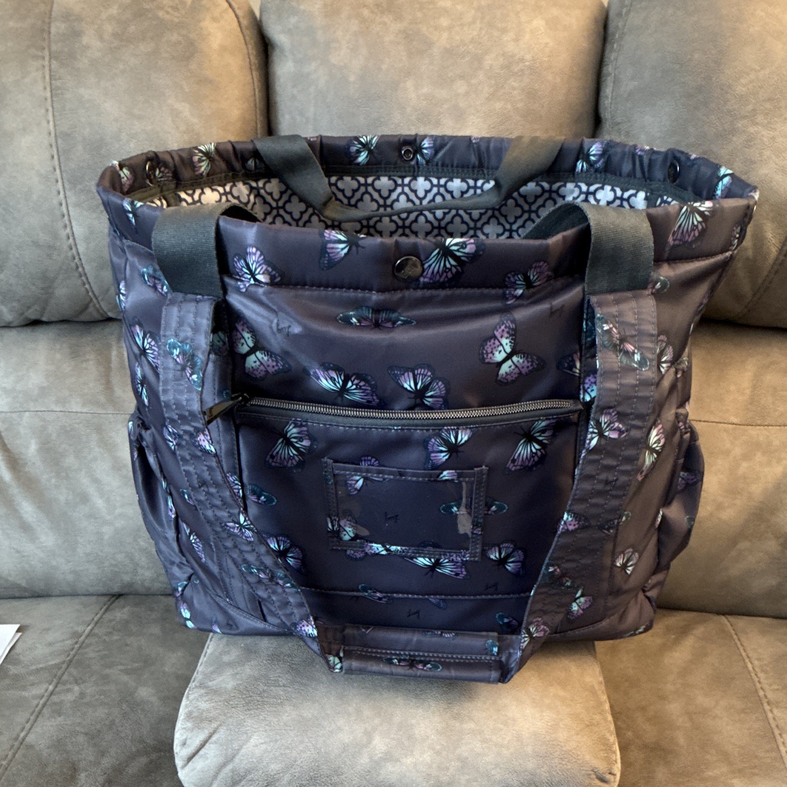 Lug Yacht Butterfly Print Tote Gray Blue Purple, Inner/Outer Pockets, Zip/Snap