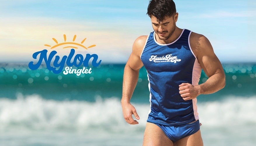 🔥 NEW AussieBum SILKY Nylon Tank Top Surfing Men XL NAVY BLUE Aussie Bum Glanz