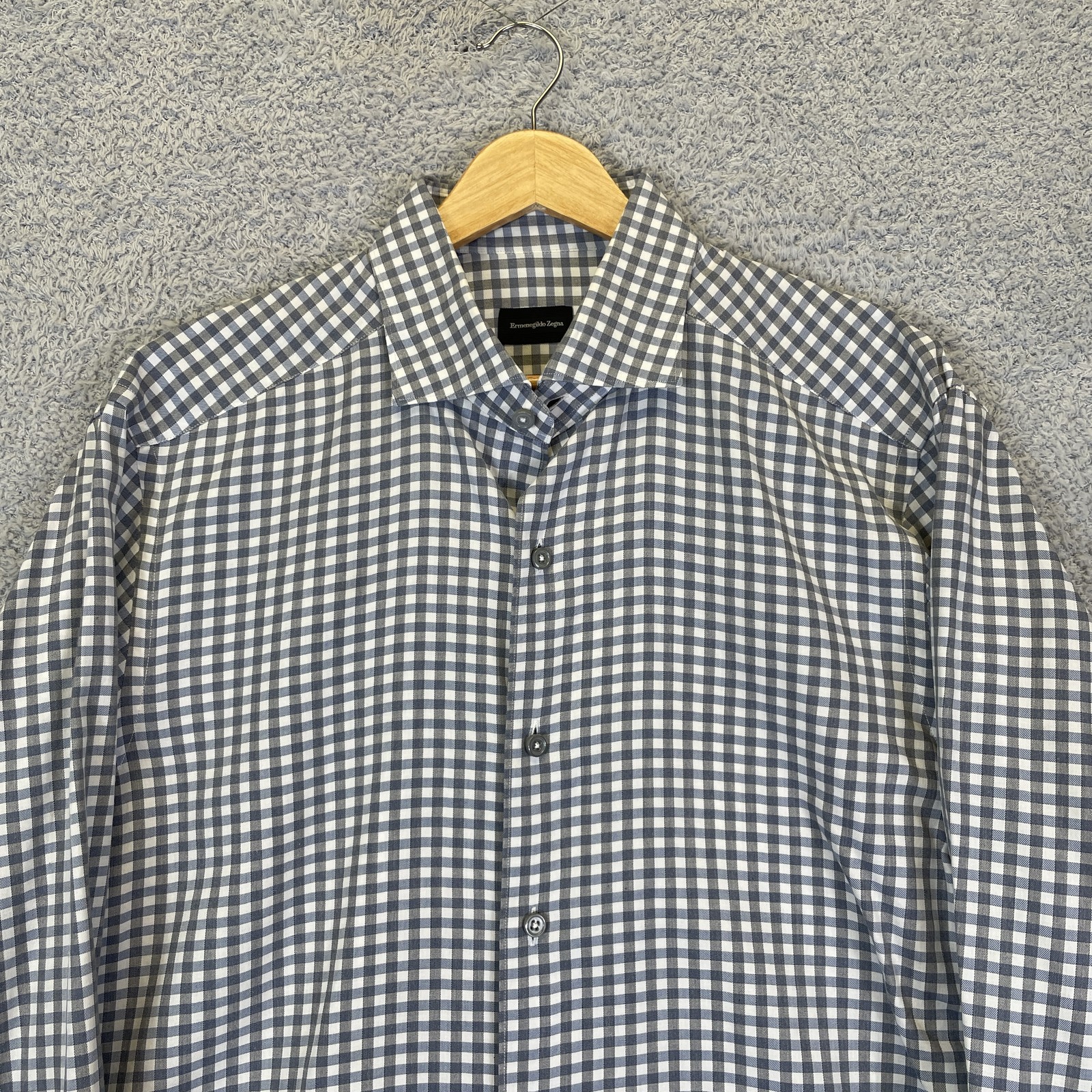 Zegna Men’s Blue Gray Gingham Button Up Shirt Size Large Cotton Long Sleeve