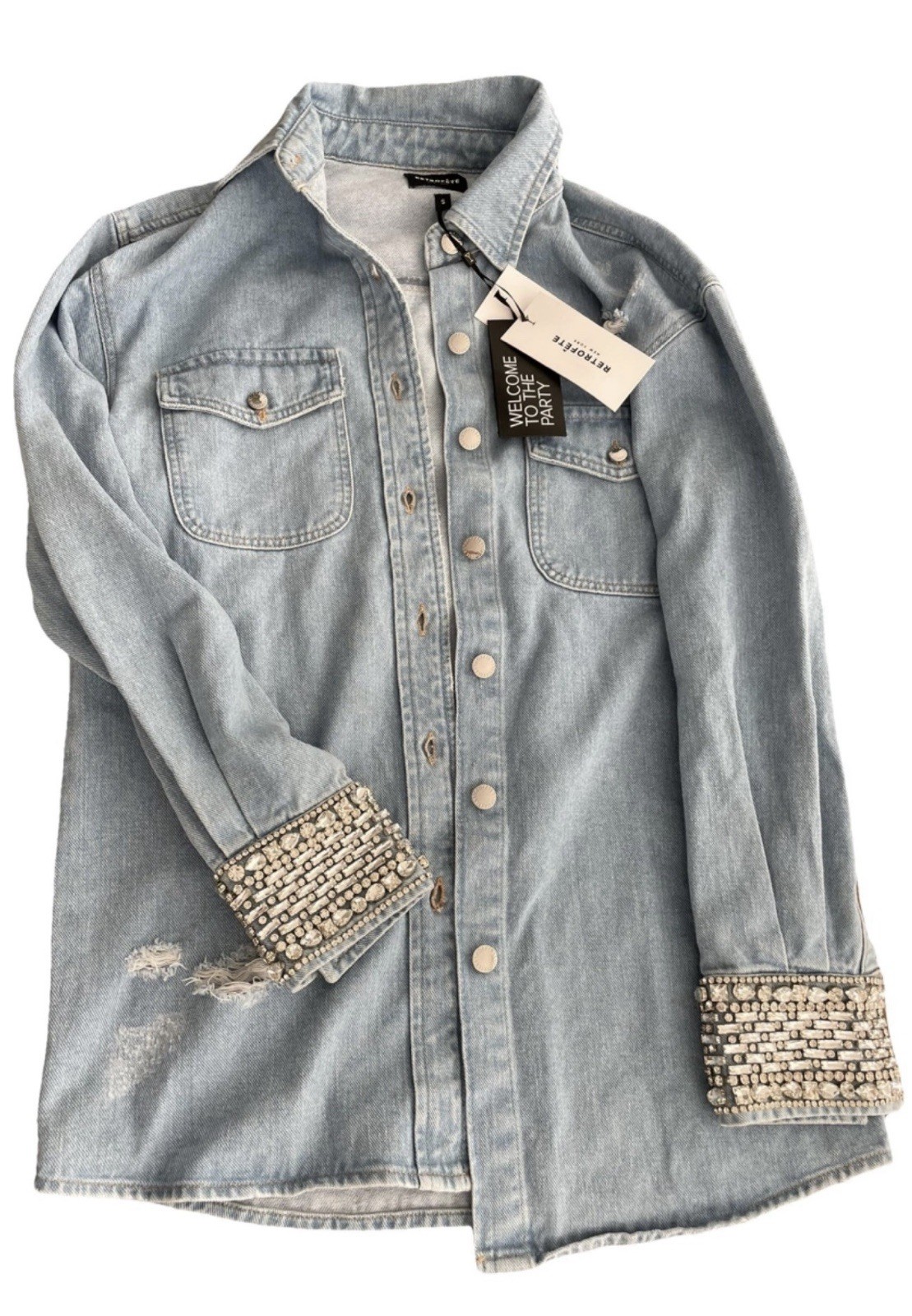 NWT Retrofete Remy Denim Shirt Jacket Top Embellished Crystal Rhinestone Western