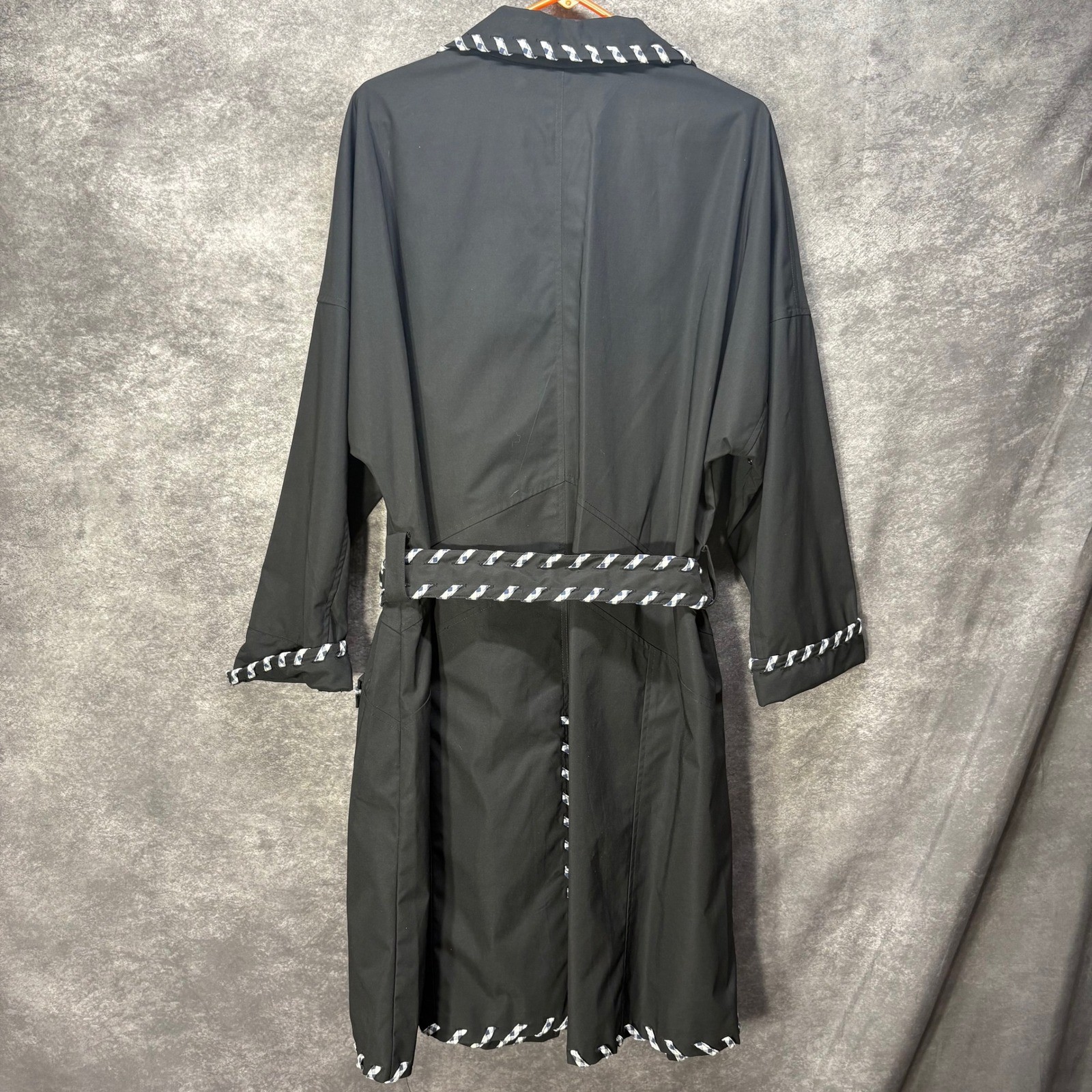 Samuel Dong Trench Coat Women’s XL Black Gingham Ribbon Wrap Trim Belted