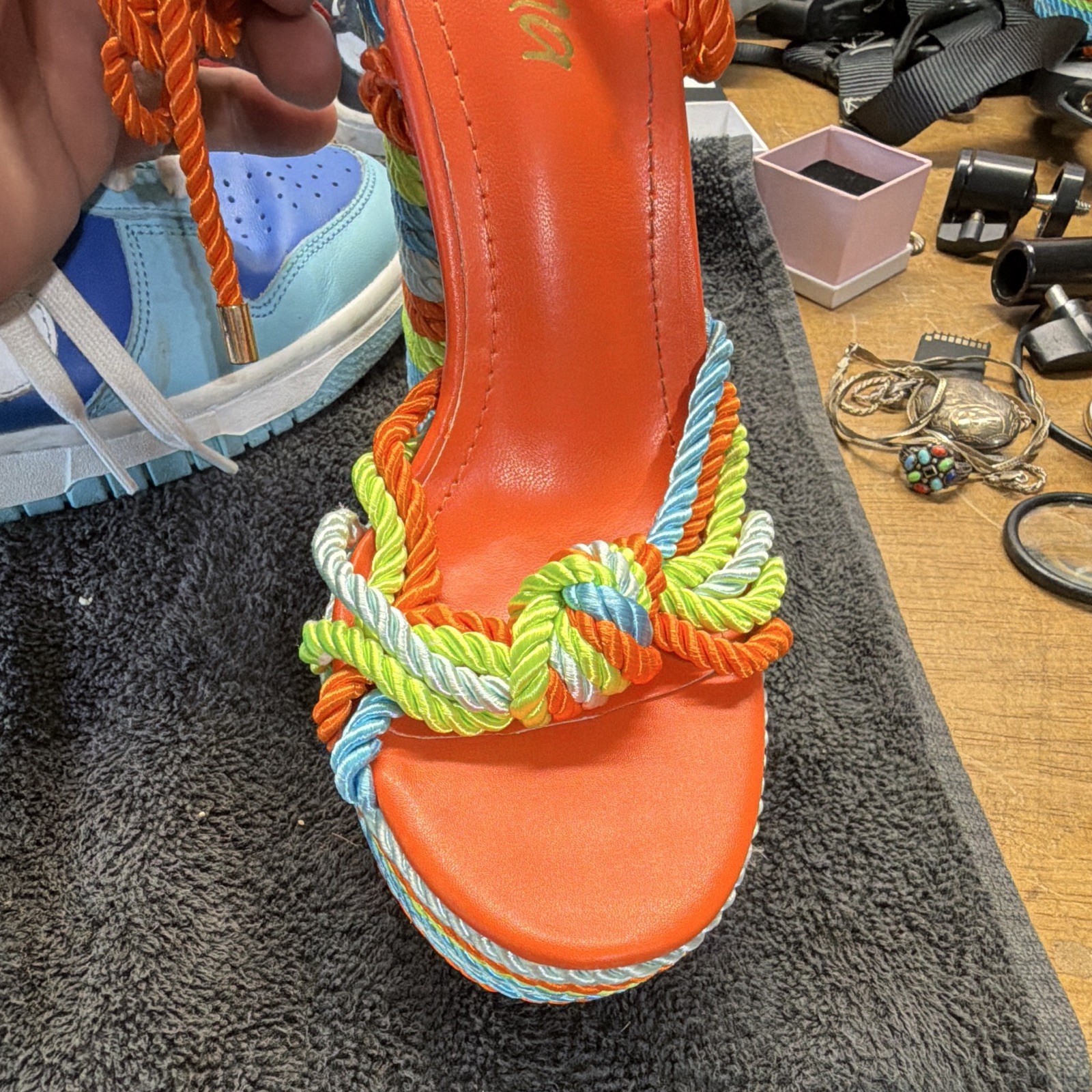 LiLana Women’s Orange Multi Rope Strappy Open Toe Striped Block Heel