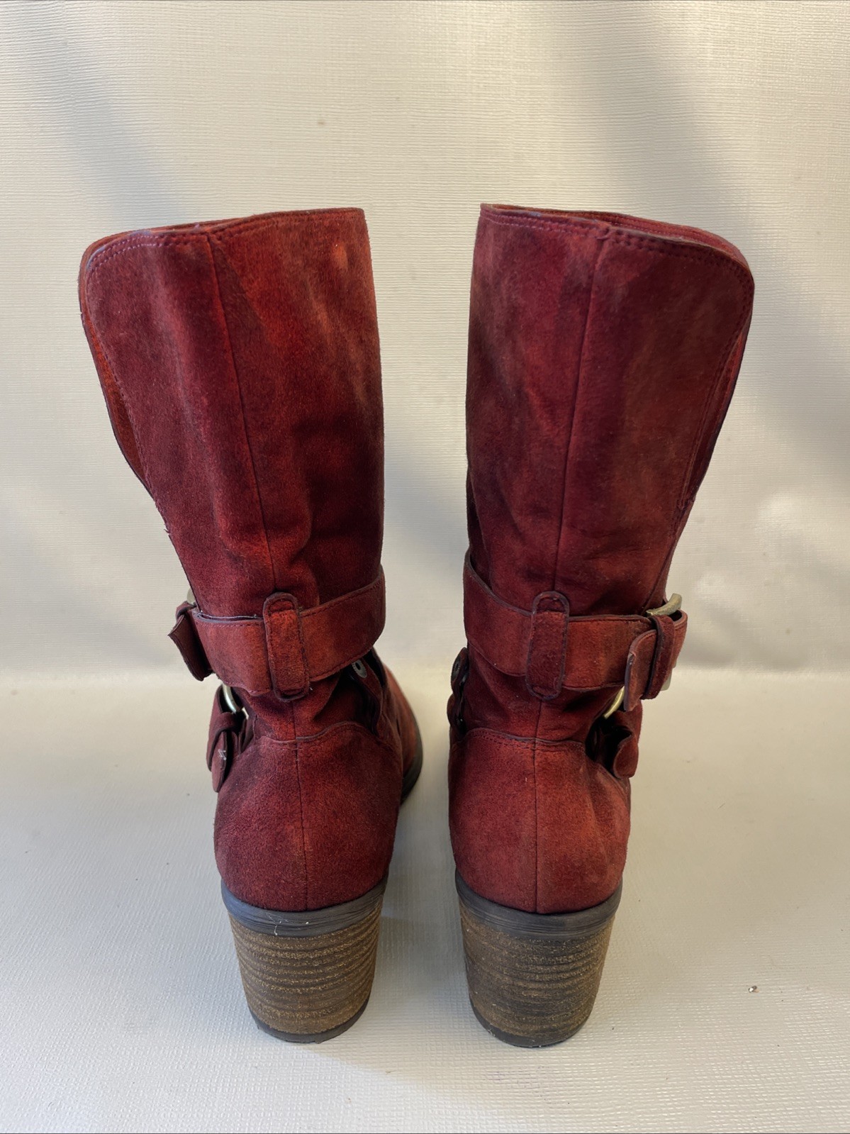 Donald J Pliner Moto Boot Size 10 M Mid Calf Distressed Red Suede Buckle Foldup