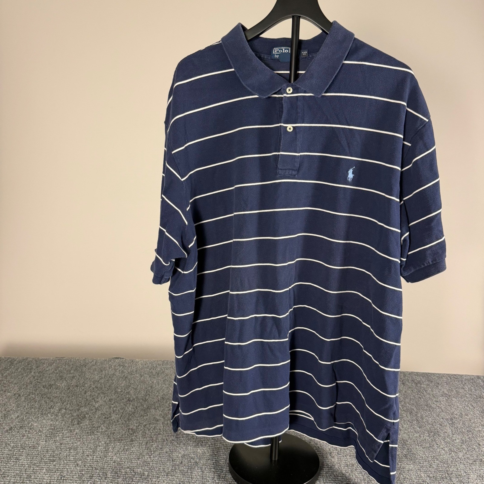 Polo Ralph Lauren Mens 4XB Navy Blue White Striped Short Sleeve Pique Polo Shirt