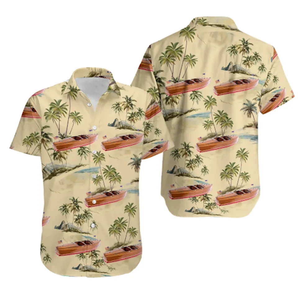 Classic Wooden Boat Palm Tree Hawaiian Button Down Men Vintage Boating Lover