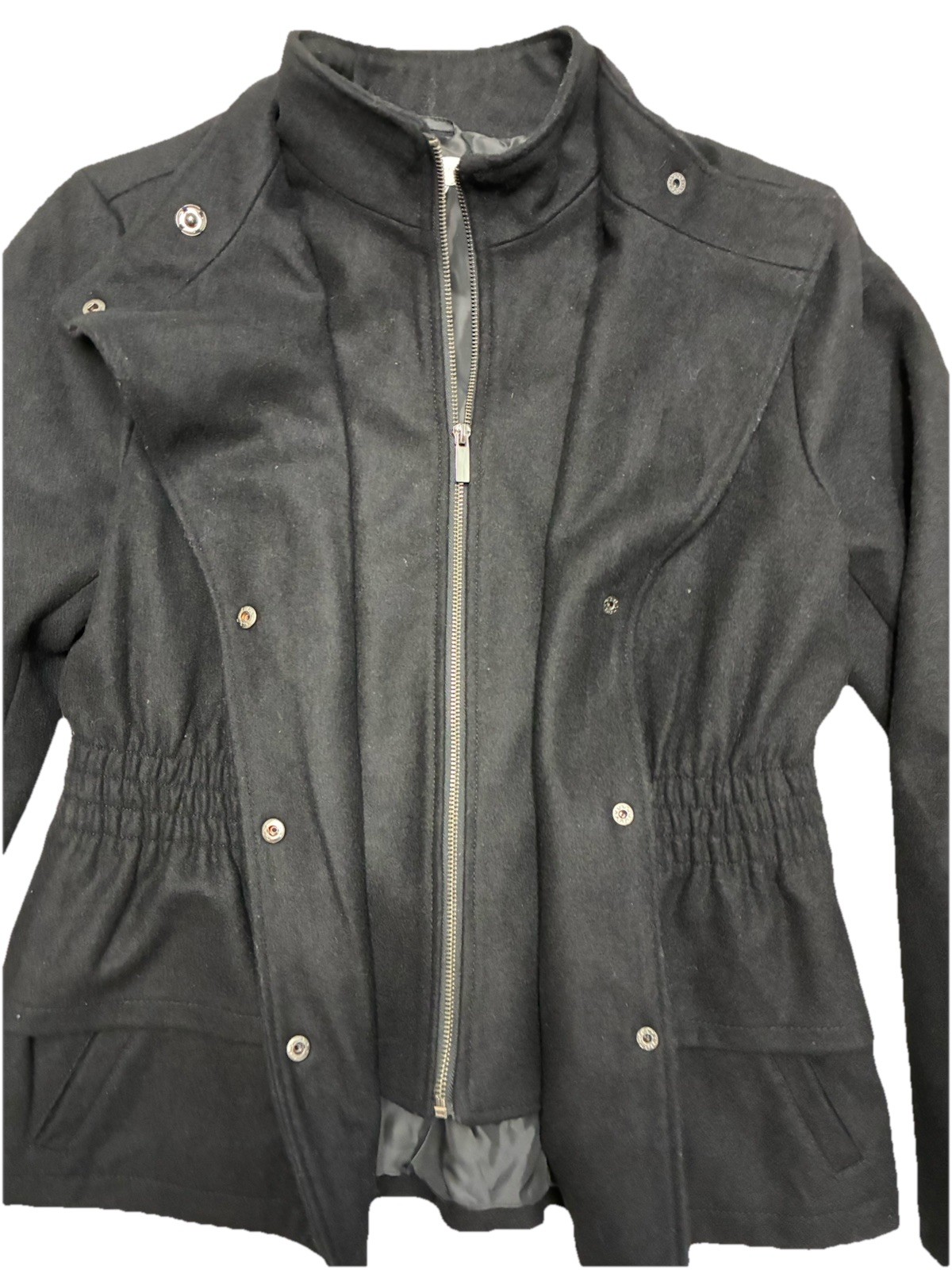 NY & Company Peacoat Women’s L Black Wool Blend Peplum Ruffle Zip Snap Jacket