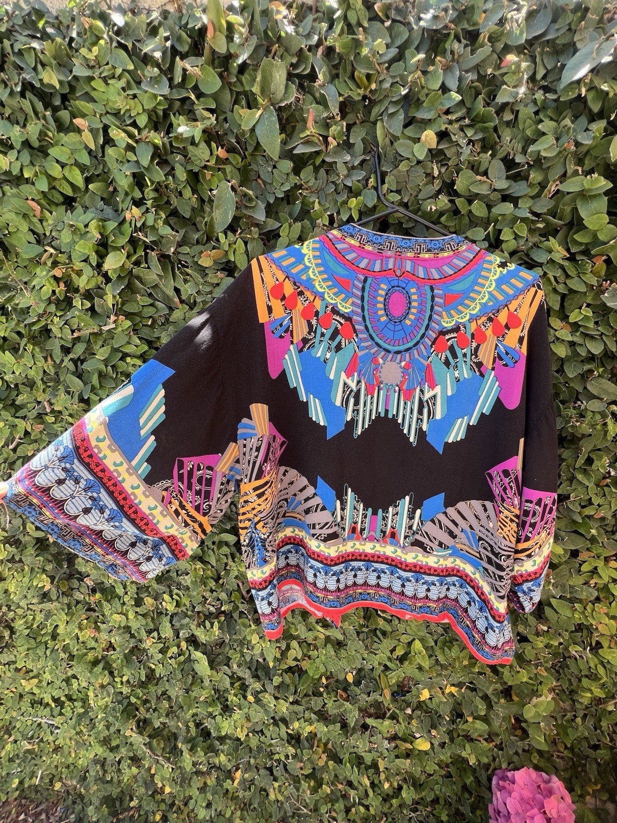 Flying Tomato Women’s L Open Front Boho Kimono Geometric Black Multi Colored