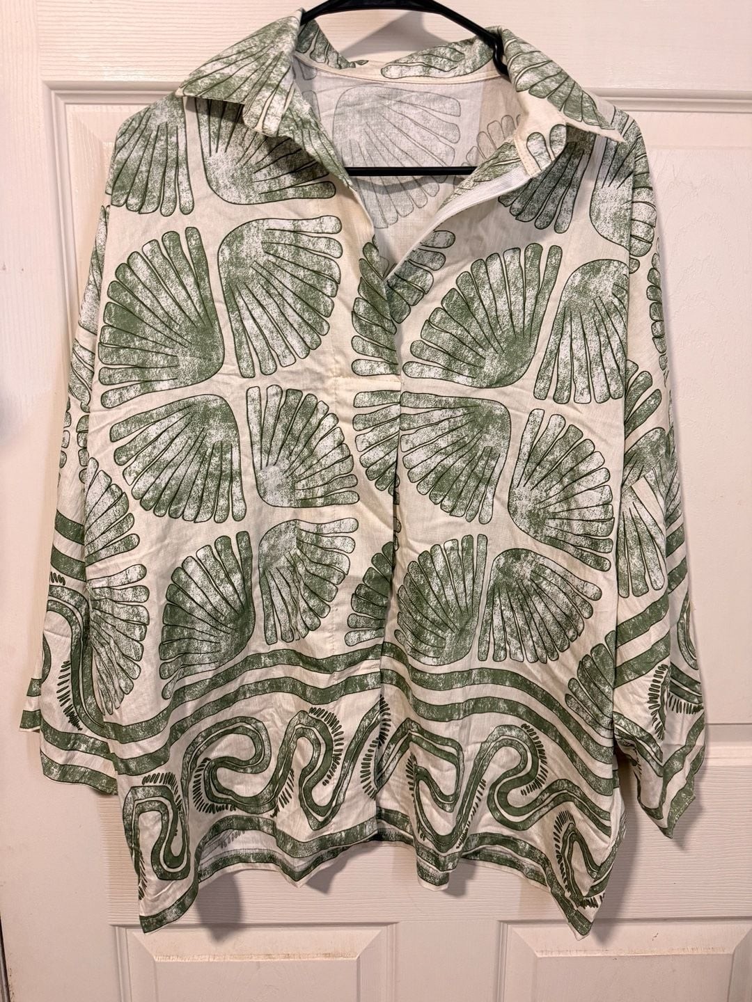 Umgee Ivory & Sage Fan Shell Print Oversized Button Down Shirt and Pants Set