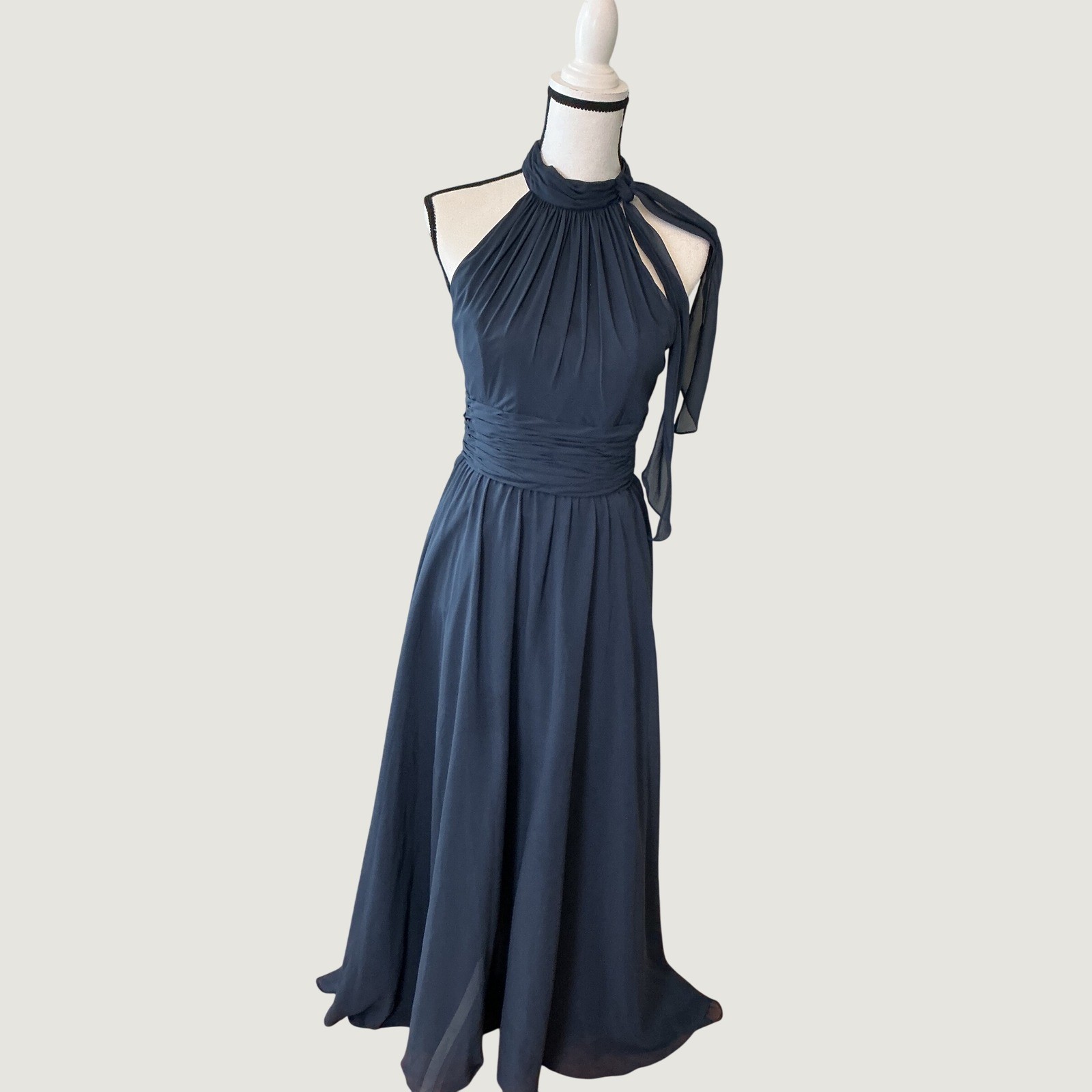 Mori Lee Madeline Gardner Navy Blue Chiffon Halter Neck Evening Gown Dress 8