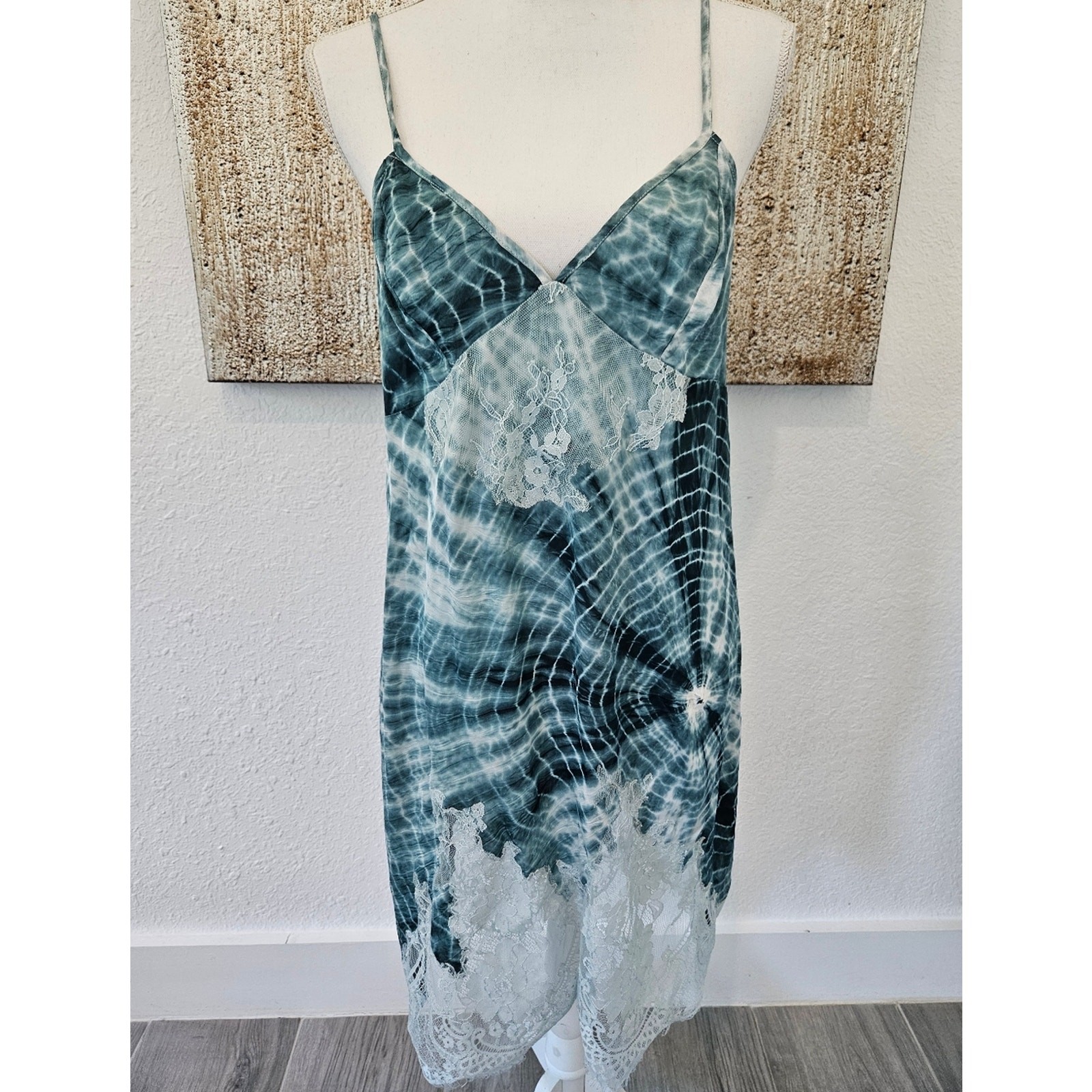 Free People Teal and White Lace-Trim Slip Dress
