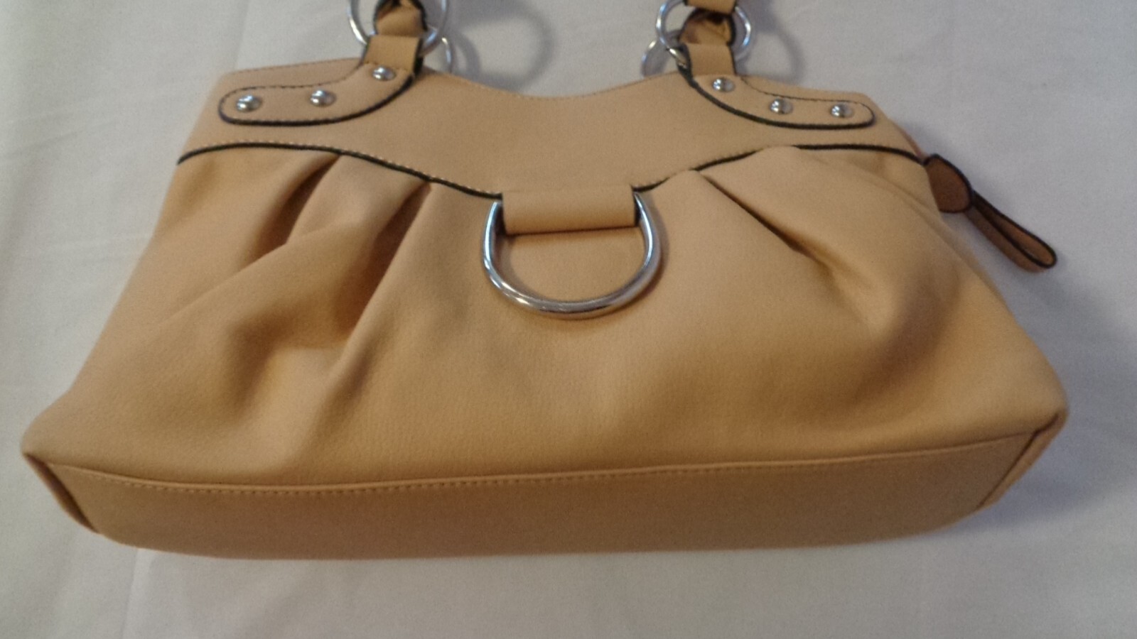 TAN MUSTARD YELLOW HANDBAG PURSE UNBRANDED TOTE MULTI POCKET DOUBLE HANDLE ZIPS