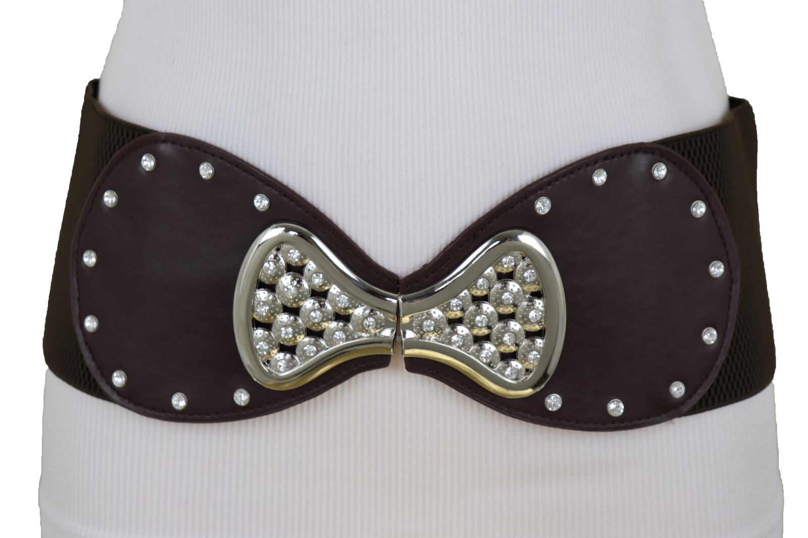 Women Dark Brown Tone Wide Elastic Belt Bling Silver Ribbon Bow Tie Buckle S M