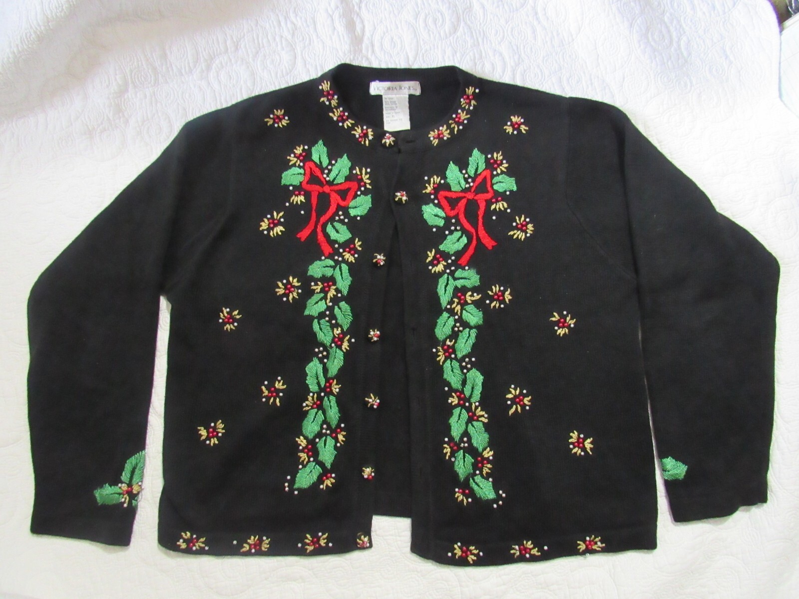 Victoria Jones Christmas Sweater Cardigan Womens XL Black Red Holly Berries