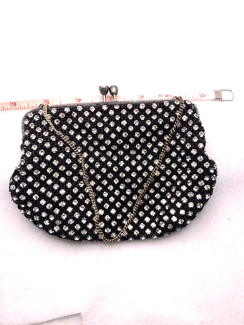 vintage sixties rhinestone evening bag with sterling silver frame on mesh back