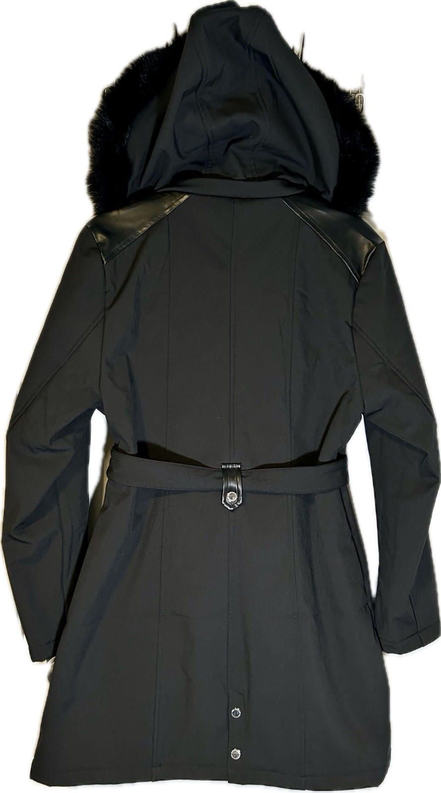 Rebecca Minkoff Hooded Softshell Belted Jacket Coat Faux Fur Trim NWT Medium