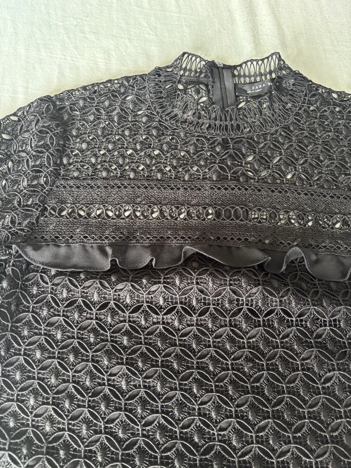 Zara Black Crochet Lace Blouse Medium Ruffle Frill High Neck Short Sleeve Top