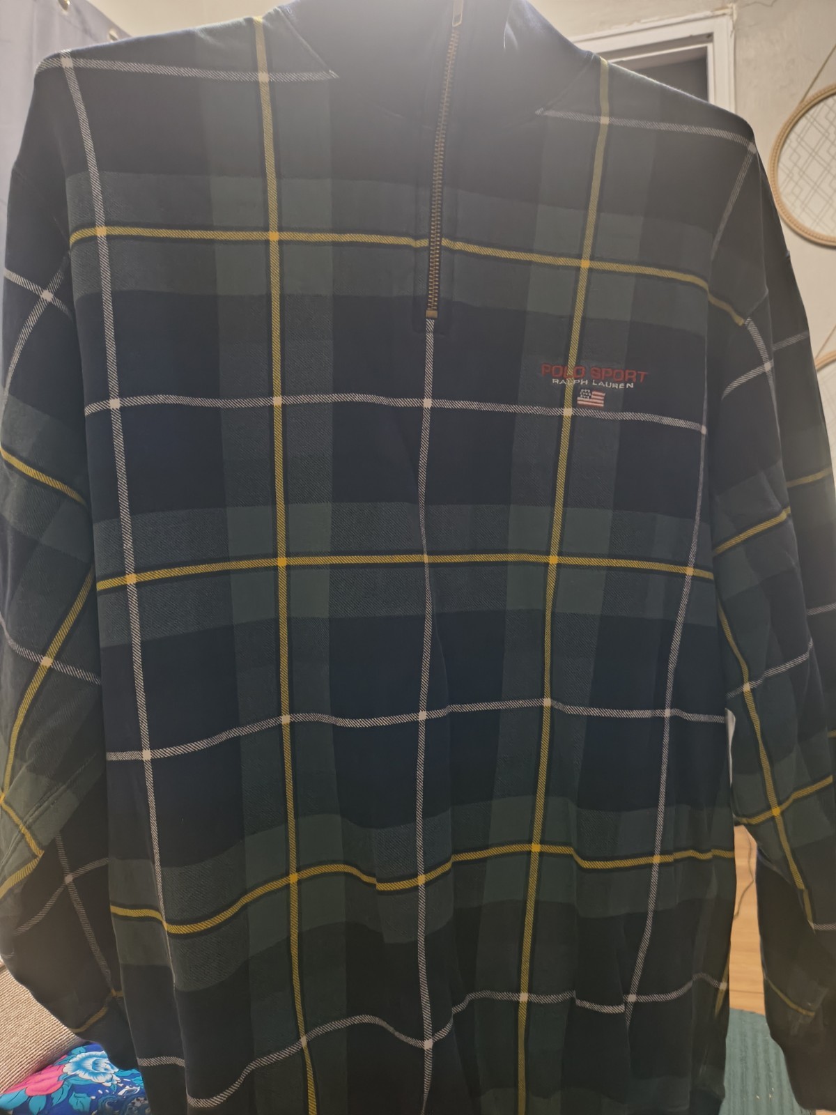 VTG 90s Ralph Lauren Polo Sport Plaid Sweatshirt Crewneck Green Blue Flag XL