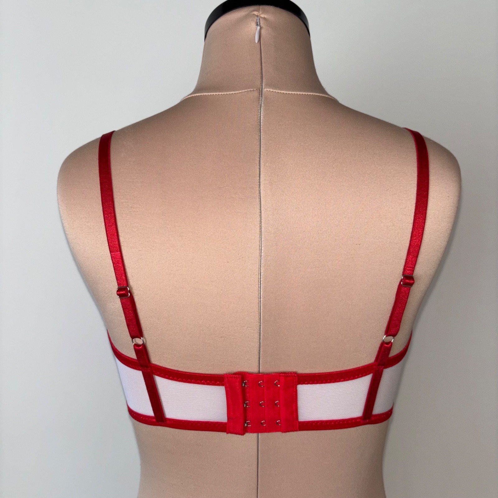 Handmade White Sheer Mesh Retro Red Chantilly Lace Bralette Bra Bustier 34B 32C