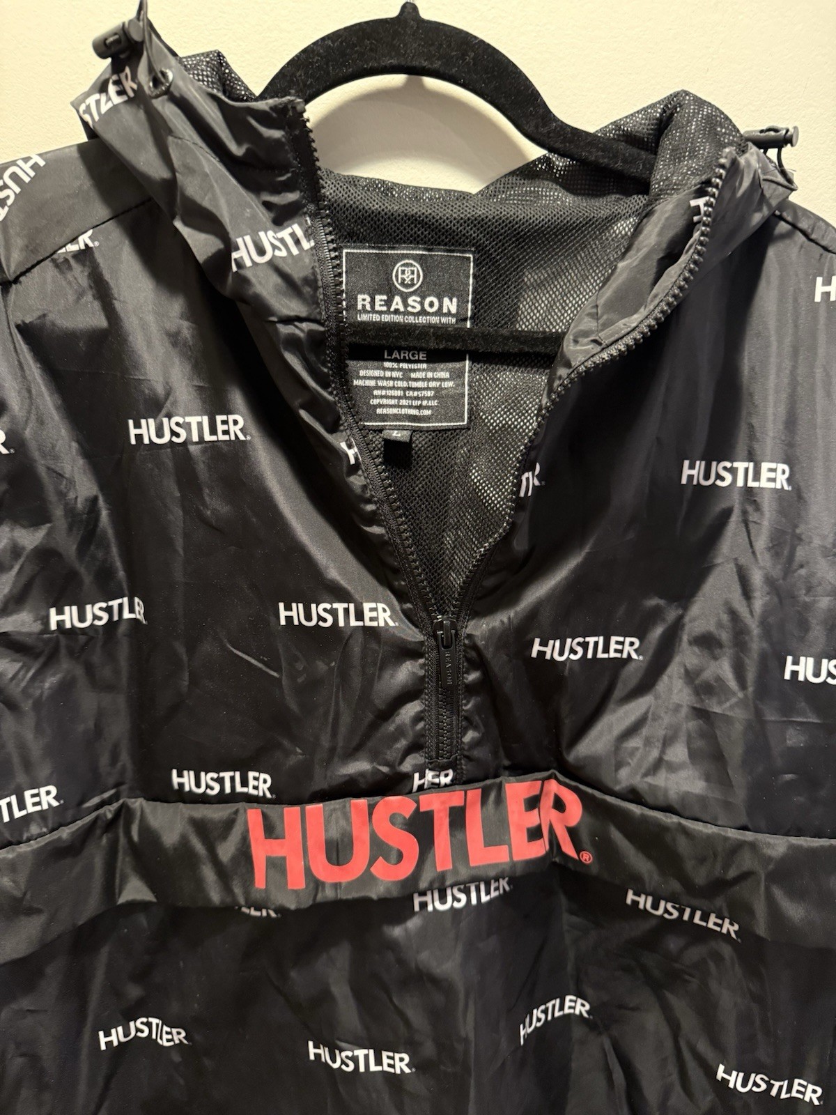 Reason x Hustler Black All Over Logo Print Hooded Anorak Windbreaker Jacket L