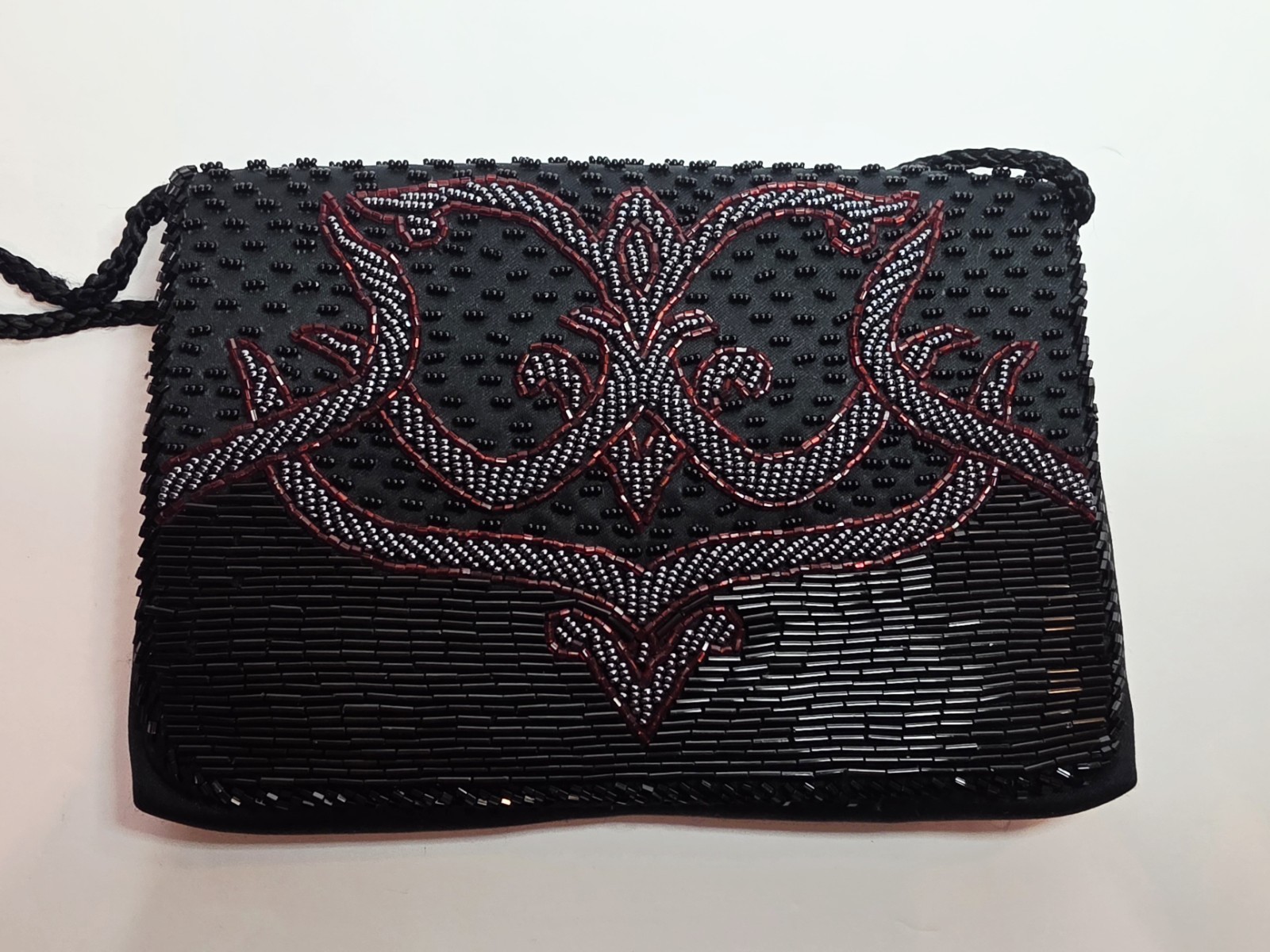 1990’s Black Silver Red Beaded Black Satin Evening Clutch Shoulder Bag 7.75×5.3″