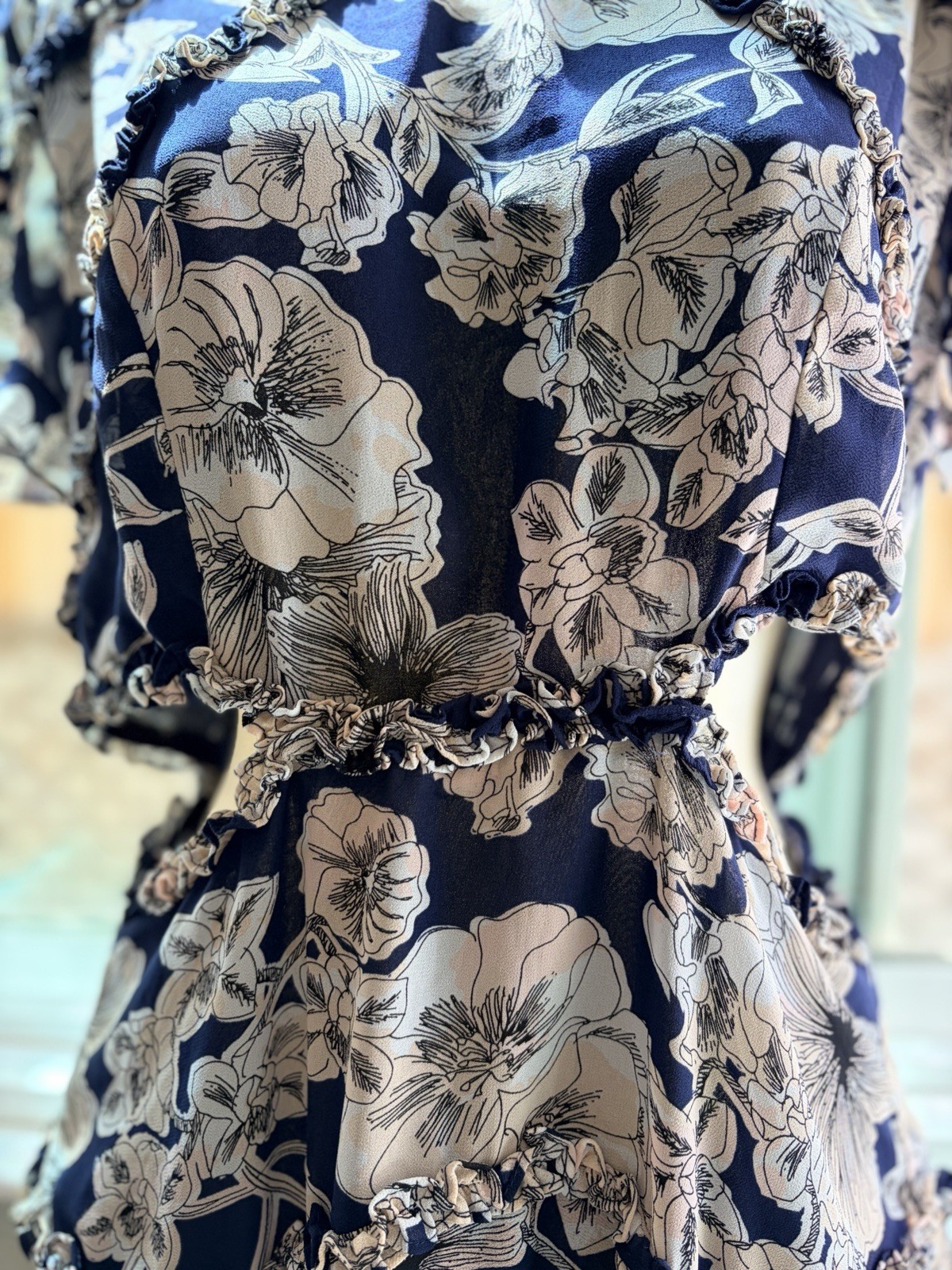 Bardot Floral Ruffle Cutout Fit & Flare Dress Blue/White US 8 M