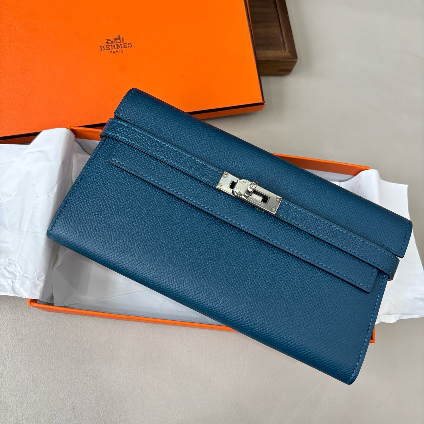Excellent Hermes Kelly Epsom Leather Blue Long Wallet Clutch Silver Hardware