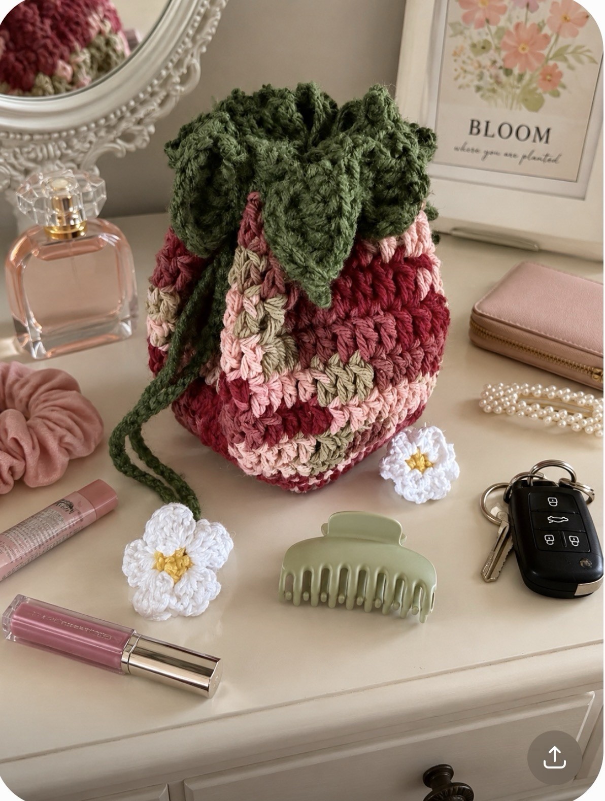 Crocheted, Handmade Drawstring, Strawberry 7 Inch Purse